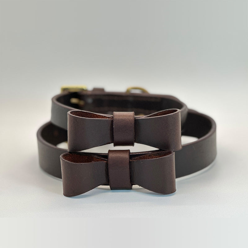 Dark brown leather collar with bow for pets