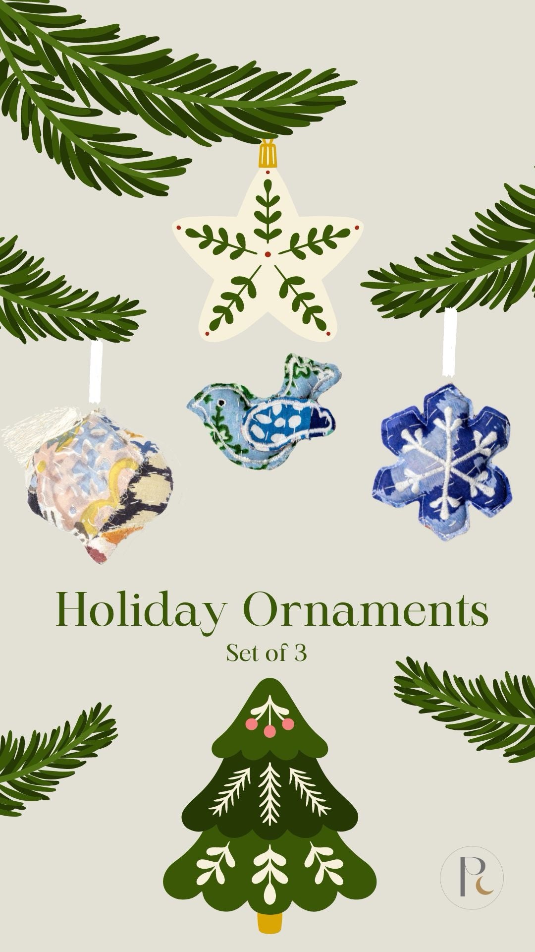 Holiday Ornaments Mix - Set of 3. Handmade