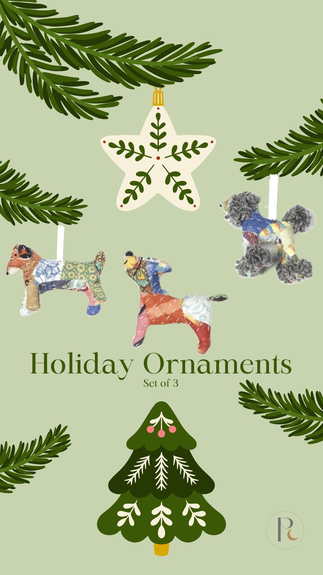 Holiday Ornaments -little doggies, Set of 3 Handmade