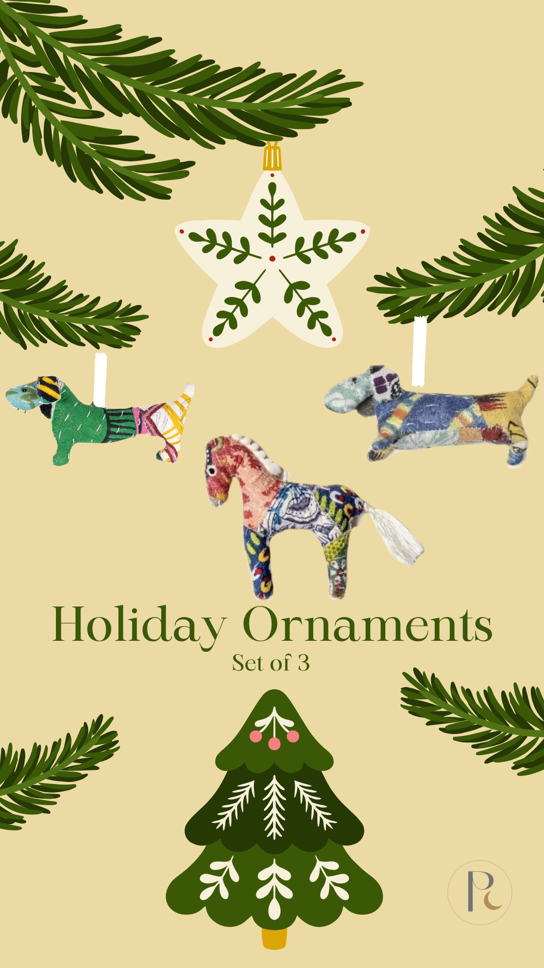 Holiday Ornaments Horse & Dogs- Set of 3- Handmade